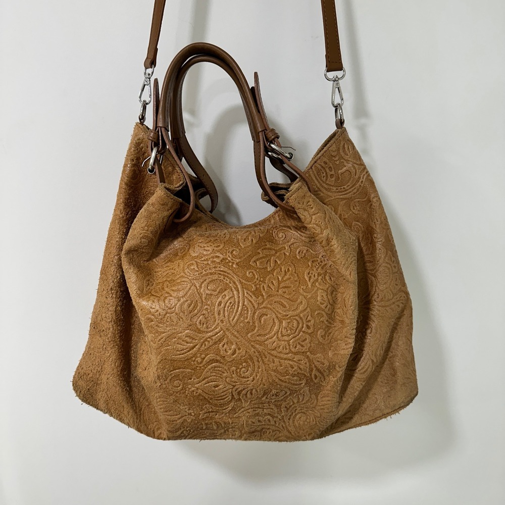 Isadora Embossed Paisley Leather Hobo Bag Womens Large Tan Crossbody | Boho